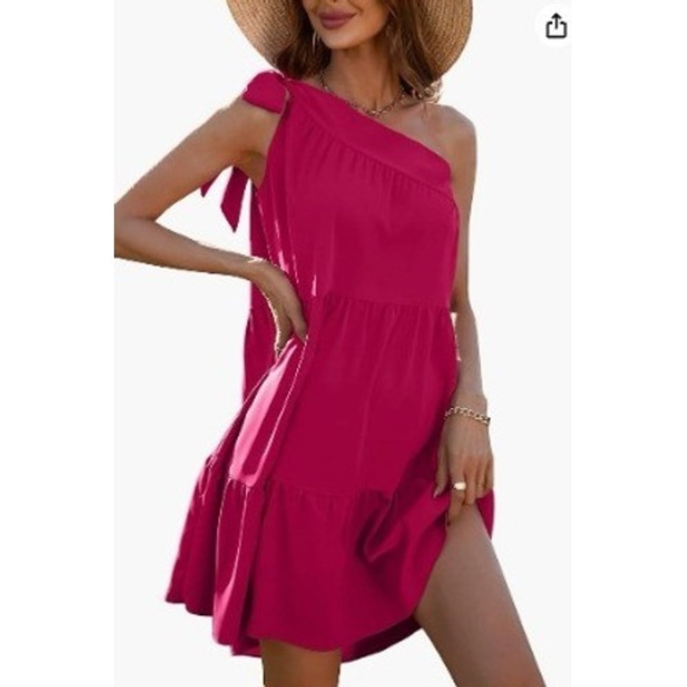 Womens Size Medium One Shoulder Dress Bright Pink Tiered A-Line Flowy Sleeveless